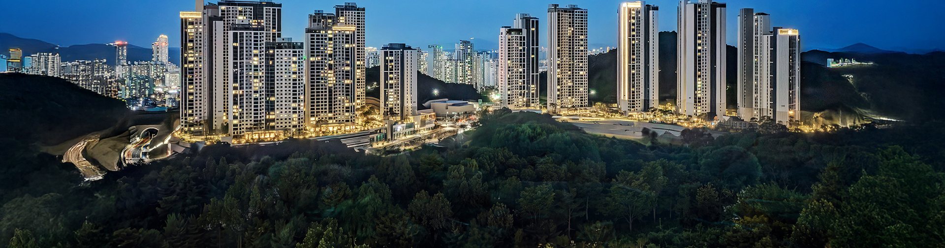 용화체육공원 숲 너머로 보이는 아산자이 그랜드파크 전경 (실제 촬영)